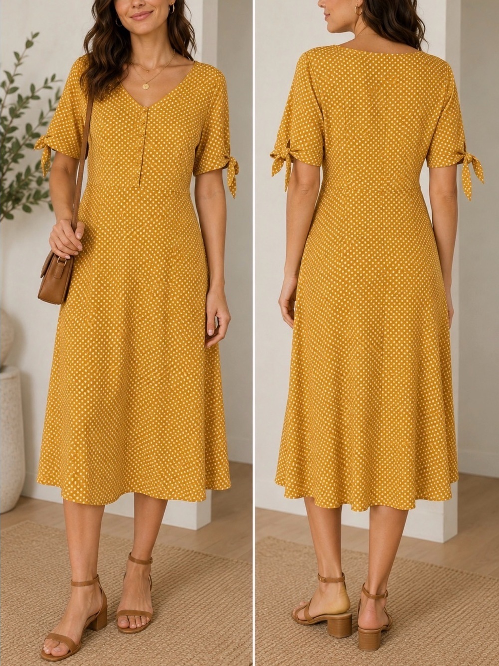 Christopher & Banks Mustard Yellow Polka Dot Midi Dress L Cottagecore Retro Chic